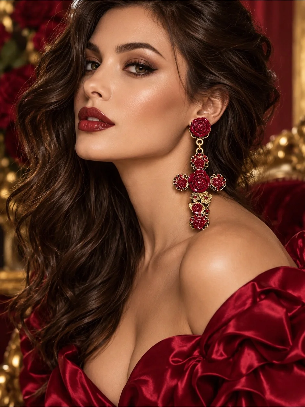 Red Rose Baroque Cross Statement Earrings